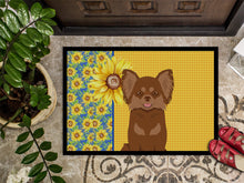 Load image into Gallery viewer, Summer Sunflowers Longhaired Chocolate and Tan Chihuahua Doormat - 18x27 Decorative Floor Mat – Indoor/Outdoor Rug with Artistic Flair