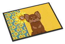 Load image into Gallery viewer, Summer Sunflowers Longhaired Chocolate and Tan Chihuahua Doormat - 18x27 Decorative Floor Mat – Indoor/Outdoor Rug with Artistic Flair