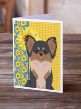 Load image into Gallery viewer, Summer Sunflowers Longhaired Black and Tan Chihuahua Greeting Cards -  Blank Note Cards – 8-Pack of Artist-Designed Cards with Envelopes