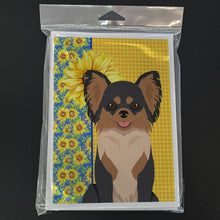 Load image into Gallery viewer, Summer Sunflowers Longhaired Black and Tan Chihuahua Greeting Cards -  Blank Note Cards – 8-Pack of Artist-Designed Cards with Envelopes