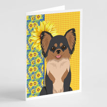 Load image into Gallery viewer, Summer Sunflowers Longhaired Black and Tan Chihuahua Greeting Cards -  Blank Note Cards – 8-Pack of Artist-Designed Cards with Envelopes