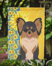 Load image into Gallery viewer, Summer Sunflowers Longhaired Black and Tan Chihuahua Garden Flag – Decorative Outdoor Yard Flag