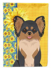 Load image into Gallery viewer, Summer Sunflowers Longhaired Black and Tan Chihuahua Garden Flag – Decorative Outdoor Yard Flag