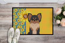 Load image into Gallery viewer, Summer Sunflowers Longhaired Black and Tan Chihuahua Doormat - 24x36 Decorative Floor Mat – Indoor/Outdoor Rug with Artistic Flair
