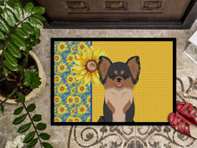 Load image into Gallery viewer, Summer Sunflowers Longhaired Black and Tan Chihuahua Doormat - 24x36 Decorative Floor Mat – Indoor/Outdoor Rug with Artistic Flair
