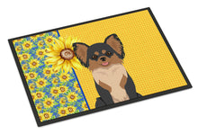 Load image into Gallery viewer, Summer Sunflowers Longhaired Black and Tan Chihuahua Doormat - 24x36 Decorative Floor Mat – Indoor/Outdoor Rug with Artistic Flair