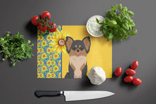 Load image into Gallery viewer, Summer Sunflowers Longhaired Black and Tan Chihuahua Glass Cutting Boards – Durable, Decorative Kitchen Art Large