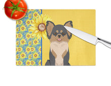Load image into Gallery viewer, Summer Sunflowers Longhaired Black and Tan Chihuahua Glass Cutting Boards – Durable, Decorative Kitchen Art Large