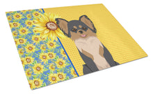 Load image into Gallery viewer, Summer Sunflowers Longhaired Black and Tan Chihuahua Glass Cutting Boards – Durable, Decorative Kitchen Art Large