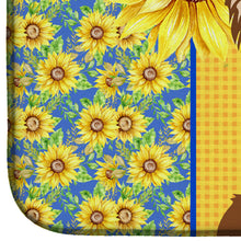 Load image into Gallery viewer, Summer Sunflowers Longhaired Chocolate and White Chihuahua Dish Drying Mat – Absorbent, Artistic Kitchen Essentials