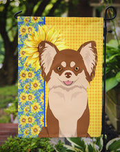 Load image into Gallery viewer, Summer Sunflowers Longhaired Chocolate and White Chihuahua Garden Flag – Decorative Outdoor Yard Flag