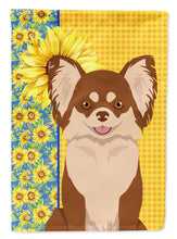 Load image into Gallery viewer, Summer Sunflowers Longhaired Chocolate and White Chihuahua Garden Flag – Decorative Outdoor Yard Flag