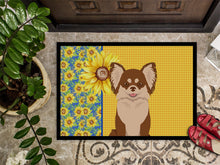 Load image into Gallery viewer, Summer Sunflowers Longhaired Chocolate and White Chihuahua Doormat - 24x36 Decorative Floor Mat – Indoor/Outdoor Rug with Artistic Flair