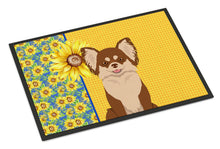 Load image into Gallery viewer, Summer Sunflowers Longhaired Chocolate and White Chihuahua Doormat - 24x36 Decorative Floor Mat – Indoor/Outdoor Rug with Artistic Flair