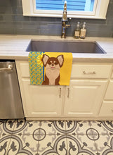 Load image into Gallery viewer, Summer Sunflowers Longhaired Chocolate and White Chihuahua Kitchen Towel