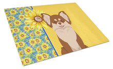 Load image into Gallery viewer, Summer Sunflowers Longhaired Chocolate and White Chihuahua Glass Cutting Boards – Durable, Decorative Kitchen Art Large