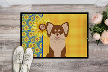 Load image into Gallery viewer, Summer Sunflowers Longhaired Chocolate and White Chihuahua Doormat - 18x27 Decorative Floor Mat – Indoor/Outdoor Rug with Artistic Flair