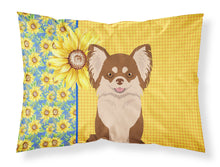 Load image into Gallery viewer, Summer Sunflowers Longhaired Chocolate and White Chihuahua Fabric Standard Pillowcase – Artistic Decorative Front, White Back