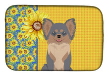 Load image into Gallery viewer, Summer Sunflowers Longhaired Blue and Tan Chihuahua Dish Drying Mat – Absorbent, Artistic Kitchen Essentials