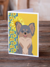 Load image into Gallery viewer, Summer Sunflowers Longhaired Blue and Tan Chihuahua Greeting Cards -  Blank Note Cards – 8-Pack of Artist-Designed Cards with Envelopes
