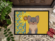 Load image into Gallery viewer, Summer Sunflowers Longhaired Blue and Tan Chihuahua Doormat - 24x36 Decorative Floor Mat – Indoor/Outdoor Rug with Artistic Flair