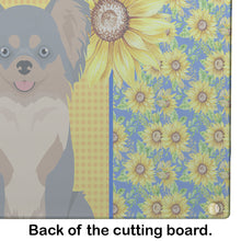 Load image into Gallery viewer, Summer Sunflowers Longhaired Blue and Tan Chihuahua Glass Cutting Boards – Durable, Decorative Kitchen Art Large