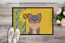 Load image into Gallery viewer, Summer Sunflowers Longhaired Blue and Tan Chihuahua Doormat - 18x27 Decorative Floor Mat – Indoor/Outdoor Rug with Artistic Flair