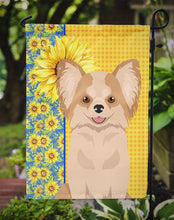 Load image into Gallery viewer, Summer Sunflowers Longhaired Gold and White Chihuahua Garden Flag – Decorative Outdoor Yard Flag