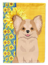 Load image into Gallery viewer, Summer Sunflowers Longhaired Gold and White Chihuahua Garden Flag – Decorative Outdoor Yard Flag