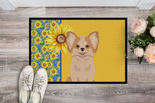 Load image into Gallery viewer, Summer Sunflowers Longhaired Gold and White Chihuahua Doormat - 24x36 Decorative Floor Mat – Indoor/Outdoor Rug with Artistic Flair
