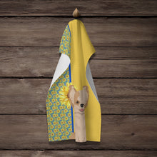 Load image into Gallery viewer, Summer Sunflowers Longhaired Gold and White Chihuahua Kitchen Towel
