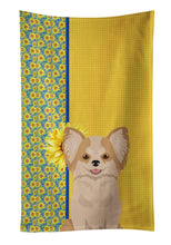 Load image into Gallery viewer, Summer Sunflowers Longhaired Gold and White Chihuahua Kitchen Towel