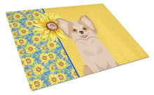 Load image into Gallery viewer, Summer Sunflowers Longhaired Gold and White Chihuahua Glass Cutting Boards – Durable, Decorative Kitchen Art Large
