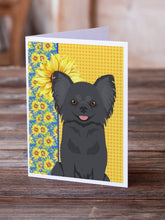 Load image into Gallery viewer, Summer Sunflowers Longhaired Black Chihuahua Greeting Cards -  Blank Note Cards – 8-Pack of Artist-Designed Cards with Envelopes