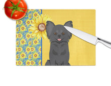 Load image into Gallery viewer, Summer Sunflowers Longhaired Black Chihuahua Glass Cutting Boards – Durable, Decorative Kitchen Art Large