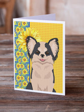 Load image into Gallery viewer, Summer Sunflowers Longhaired Black and White #2 Chihuahua Greeting Cards -  Blank Note Cards – 8-Pack of Artist-Designed Cards with Envelopes