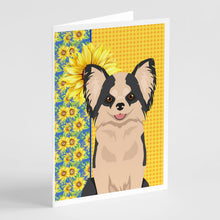 Load image into Gallery viewer, Summer Sunflowers Longhaired Black and White #2 Chihuahua Greeting Cards -  Blank Note Cards – 8-Pack of Artist-Designed Cards with Envelopes