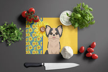 Load image into Gallery viewer, Summer Sunflowers Longhaired Black and White #2 Chihuahua Glass Cutting Boards – Durable, Decorative Kitchen Art Large