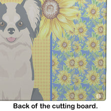 Load image into Gallery viewer, Summer Sunflowers Longhaired Black and White #2 Chihuahua Glass Cutting Boards – Durable, Decorative Kitchen Art Large