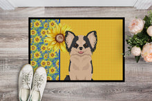 Load image into Gallery viewer, Summer Sunflowers Longhaired Black and White #2 Chihuahua Doormat - 18x27 Decorative Floor Mat – Indoor/Outdoor Rug with Artistic Flair
