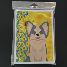 Load image into Gallery viewer, Summer Sunflowers Longhaired Blue and White Chihuahua Greeting Cards -  Blank Note Cards – 8-Pack of Artist-Designed Cards with Envelopes