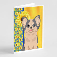 Load image into Gallery viewer, Summer Sunflowers Longhaired Blue and White Chihuahua Greeting Cards -  Blank Note Cards – 8-Pack of Artist-Designed Cards with Envelopes