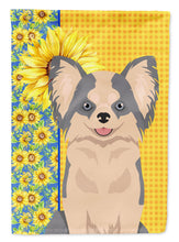 Load image into Gallery viewer, Summer Sunflowers Longhaired Blue and White Chihuahua Garden Flag – Decorative Outdoor Yard Flag
