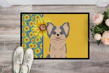 Load image into Gallery viewer, Summer Sunflowers Longhaired Blue and White Chihuahua Doormat - 24x36 Decorative Floor Mat – Indoor/Outdoor Rug with Artistic Flair