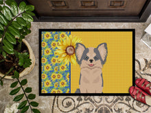 Load image into Gallery viewer, Summer Sunflowers Longhaired Blue and White Chihuahua Doormat - 24x36 Decorative Floor Mat – Indoor/Outdoor Rug with Artistic Flair