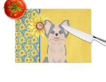 Load image into Gallery viewer, Summer Sunflowers Longhaired Blue and White Chihuahua Glass Cutting Boards – Durable, Decorative Kitchen Art Large