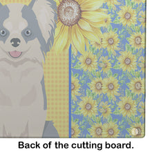 Load image into Gallery viewer, Summer Sunflowers Longhaired Blue and White Chihuahua Glass Cutting Boards – Durable, Decorative Kitchen Art Large
