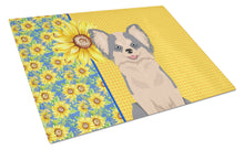 Load image into Gallery viewer, Summer Sunflowers Longhaired Blue and White Chihuahua Glass Cutting Boards – Durable, Decorative Kitchen Art Large