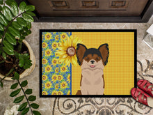 Load image into Gallery viewer, Summer Sunflowers Longhaired Black and Red Chihuahua Doormat - 24x36 Decorative Floor Mat – Indoor/Outdoor Rug with Artistic Flair