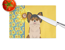 Load image into Gallery viewer, Summer Sunflowers Longhaired Black and Red Chihuahua Glass Cutting Boards – Durable, Decorative Kitchen Art Large